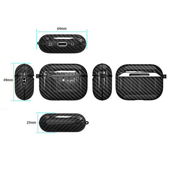 Etui do AirPods Pro 3 z fakturą włókna węglowego, z karabińczykiem - czarne