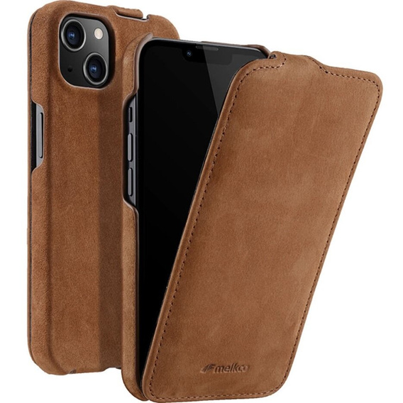 Etui MELKCO z klapką do iPhone 13, skórzane, flip, kawowe