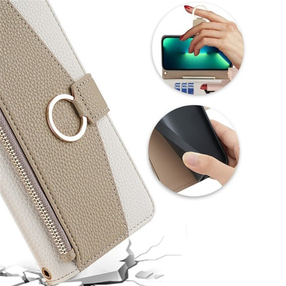 Etui z klapką do iPhone 14 Pro Max, Wallet Zipper Pocket, z lusterkiem, białe