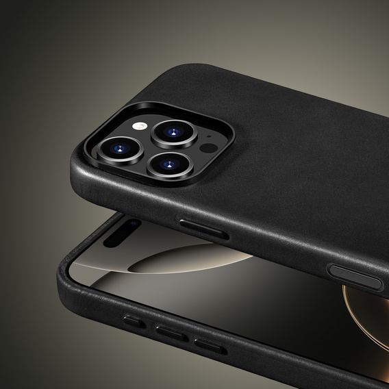 Etui skórzane do iPhone 16 Pro Max, ERBORD Leather MagSafe, czarne + Szkło na ekran