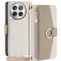 Etui z klapką do OnePlus 12 5G, Wallet Zipper Pocket, z lusterkiem, białe