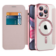 Etui z klapką do iPhone 15 Pro, RFID Wallet MagSafe z ochroną aparatu, różowe