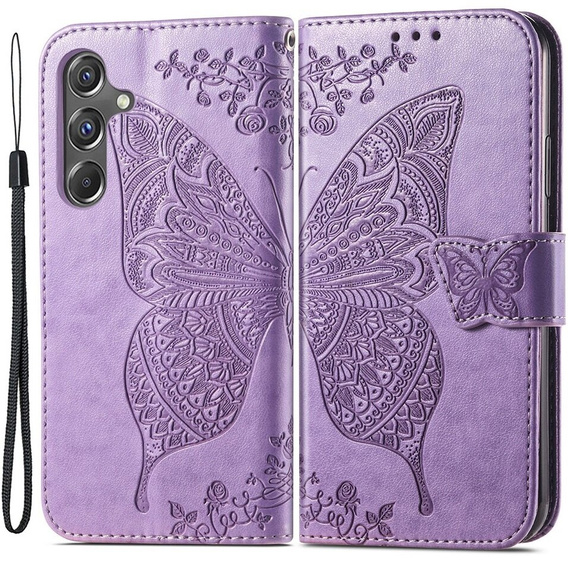 Etui z klapką do Samsung Galaxy A15, Butterfly, fioletowe + szkło 9H