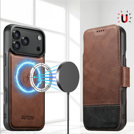 Etui z klapką 2w1 SUTENI do iPhone 17 Pro, do MagSafe, brązowe