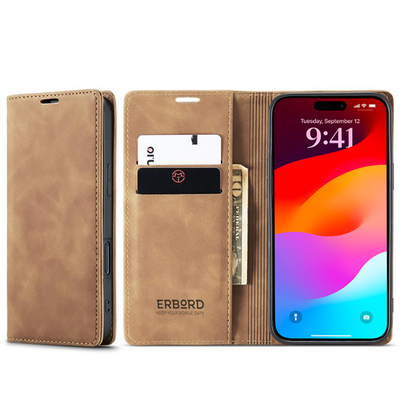 Etui do iPhone 17 Pro Max, ERBORD Vintage portfel z klapką, kawowe