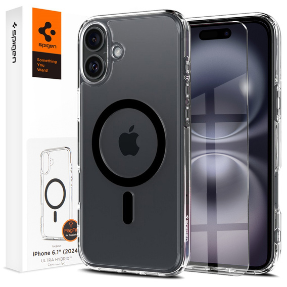 Etui z MagSafe Spigen do iPhone 16, Ultra Hybrid, przezroczyste / czarne + Szkło Hartowane 9H