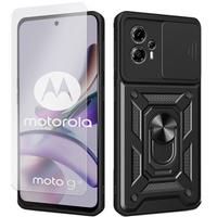 Zestaw Etui do Motorola Moto G13 / G23 pancerne, z ochroną aparatu i ringiem, czarne + szkło