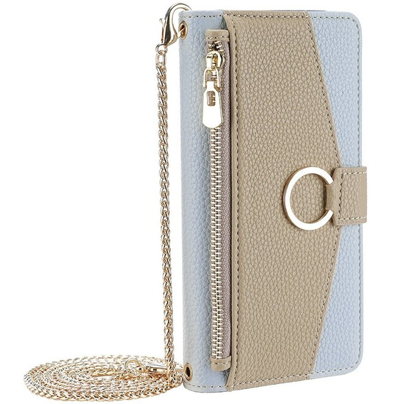 Etui z klapką do iPhone 15 Pro Max, Wallet Zipper Pocket, z lusterkiem, niebieskie