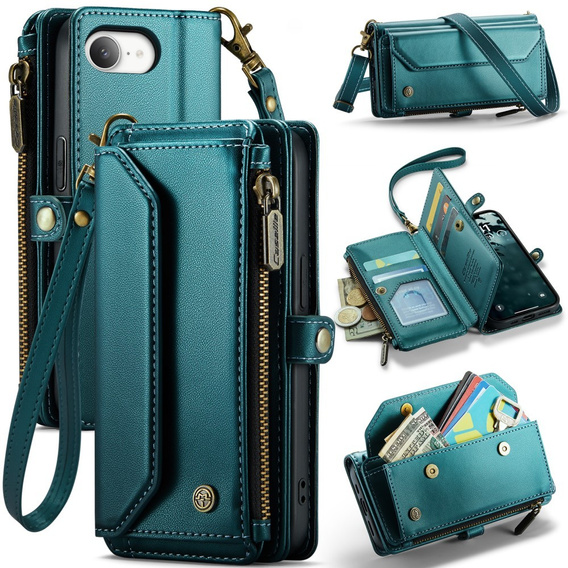 Etui CASEME do iPhone 16e RFID Leather Wallet, RFID Leather Wallet, z paskiem na ramię, zielone