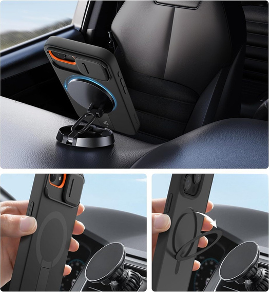 SURITCH Magnetyczne etui ochronne do iPhone 16e z osłoną kamery i podstawką - czarne