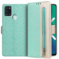 Etui z klapką do Samsung Galaxy A21S, Wallet Pocket Zipper Lace, zielone