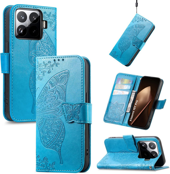 Etui z klapką do Xiaomi 15T Pro, Butterfly, niebieskie