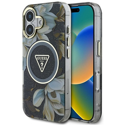 Etui GUESS do iPhone 16, IML Metal Glitter Flowers Triangle, do MagSafe, czarne