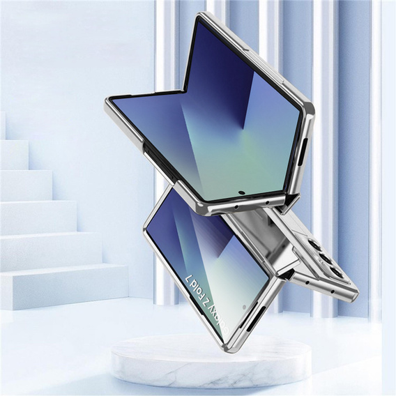 Etui z podstawką do Samsung Galaxy Z Fold7 5G, z ochroną zawiasu, szkłem i rysikiem - srebrne