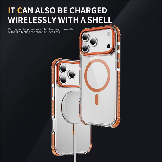 Etui pancerne do iPhone 17 Pro Max, do MagSafe, przezroczyste z pomarańczową ramką