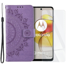 Zestaw Etui z klapką do Motorola Moto G73 5G, portfel Mandala, fioletowe + szkło
