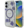 Etui GUESS do iPhone 16, Resin Flowers and Glitter, do MagSafe, fioletowe