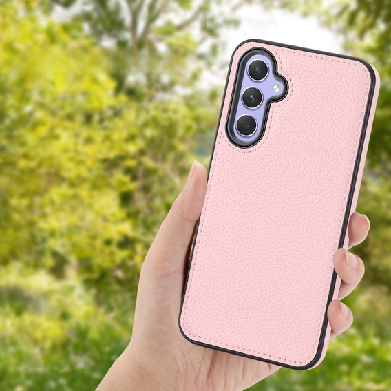 Etui skórzane do Samsung Galaxy A25 5G, Obudowa Lychee leather Case, różowe + Szkło 9H