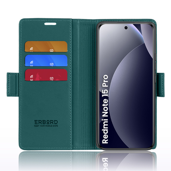 Etui do Xiaomi Redmi Note 15 Pro 5G, ERBORD Glossy Litchi, portfel z klapką, zielone