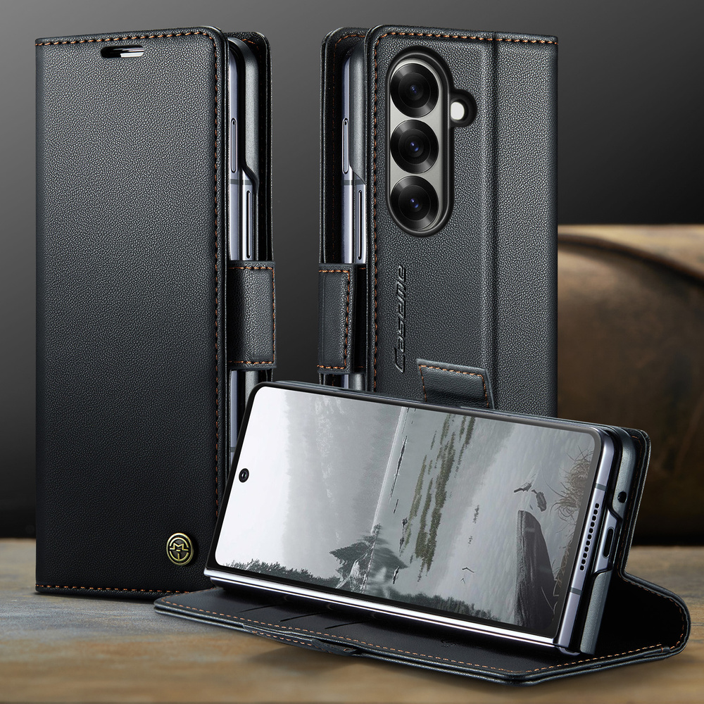 Etui z klapką CASEME do Samsung Galaxy Z Fold7 5G Litchi Wallet – czarne