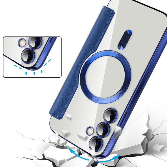 Etui z klapką do Samsung Galaxy S23 FE, RFID Wallet MagSafe z ochroną aparatu, granatowe