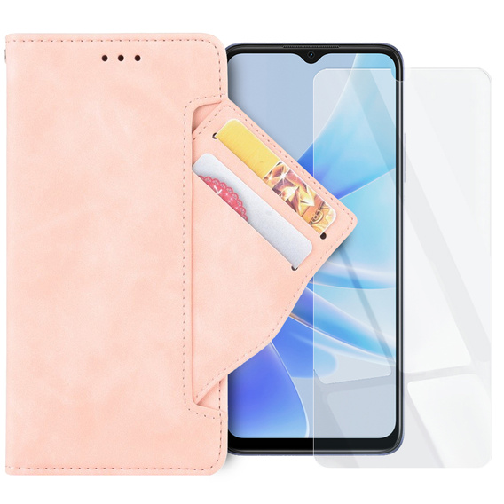 Zestaw Etui z klapką do Oppo A17, Card Slot, Różowe + Szkło 9H