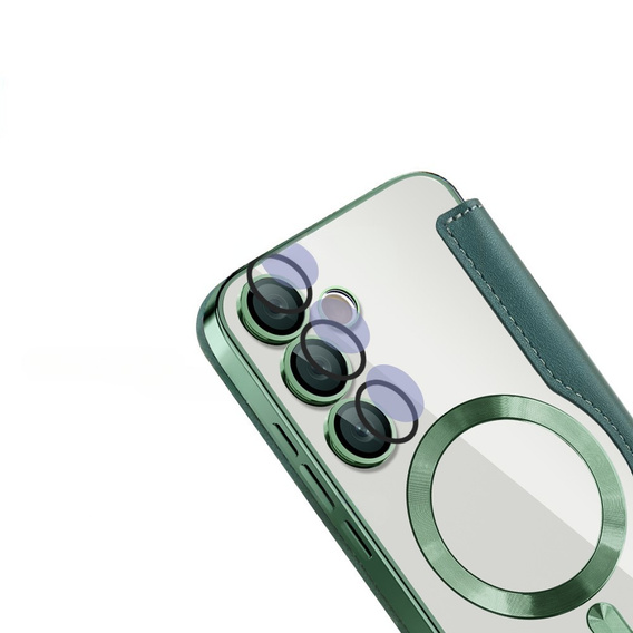 Etui z klapką do Samsung Galaxy S24 FE, RFID Wallet MagSafe z ochroną aparatu, zielone