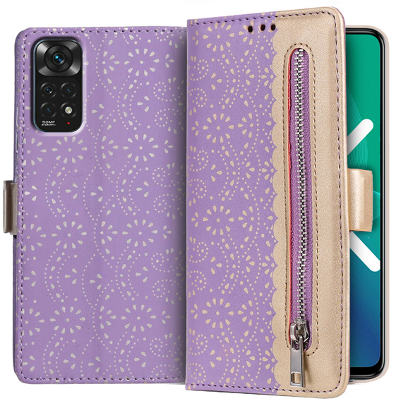 Etui z klapką do Xiaomi Redmi Note 11 4G / Note 11S 4G, Wallet Pocket Zipper Lace, fioletowe