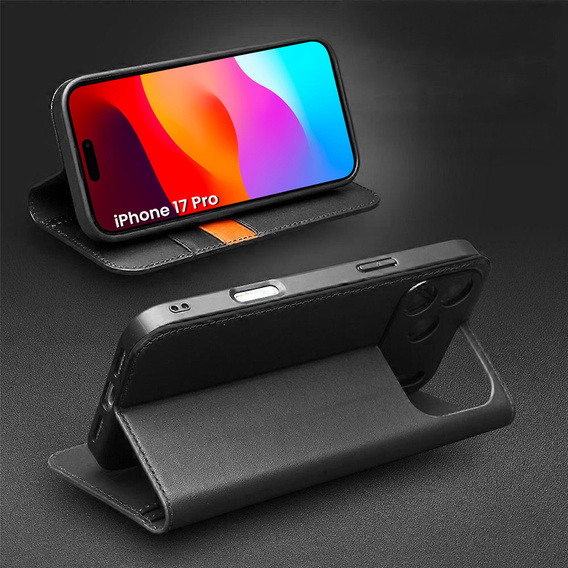 Etui z klapką QIALINO do iPhone 17 Pro, skórzane, czarne