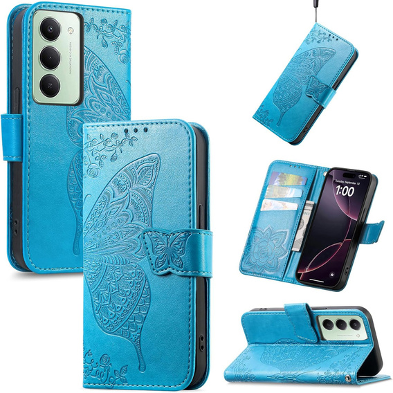 Etui z klapką do Xiaomi Redmi 15 5G / 4G, z wytłoczonym wzorem motyla, niebieskie