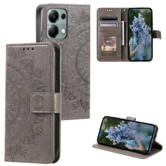 Etui z klapką do Xiaomi Redmi Note 13 Pro 4G / Xiaomi Redmi Note 14S / Xiaomi Poco M6 Pro 4G, Mandala, szare