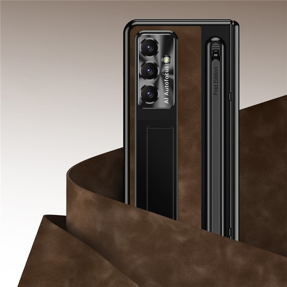 Etui skórzane do Samsung Galaxy Z Fold7 5G, z podstawką, szkłem i rysikiem, brązowe