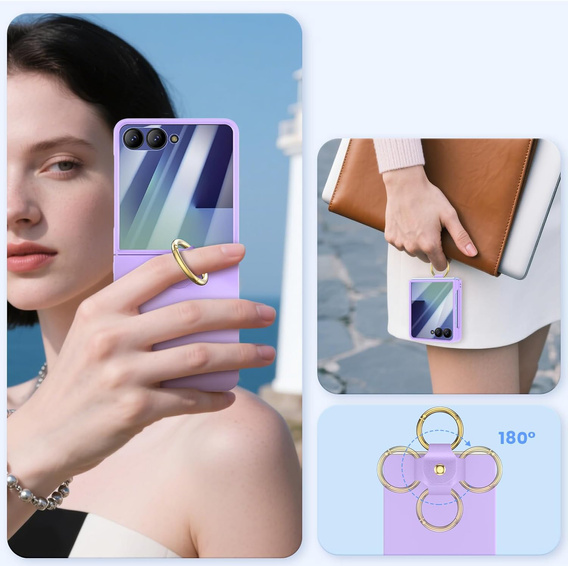 Etui Ring Holder do Samsung Galaxy Z Flip7 5G, ze szkłem na ekran zewnętrzny, fioletowe