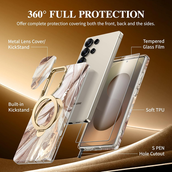 Etui GVIEWIN do Samsung Galaxy S25 Ultra, MagSafe Stand, Topaz/Gold