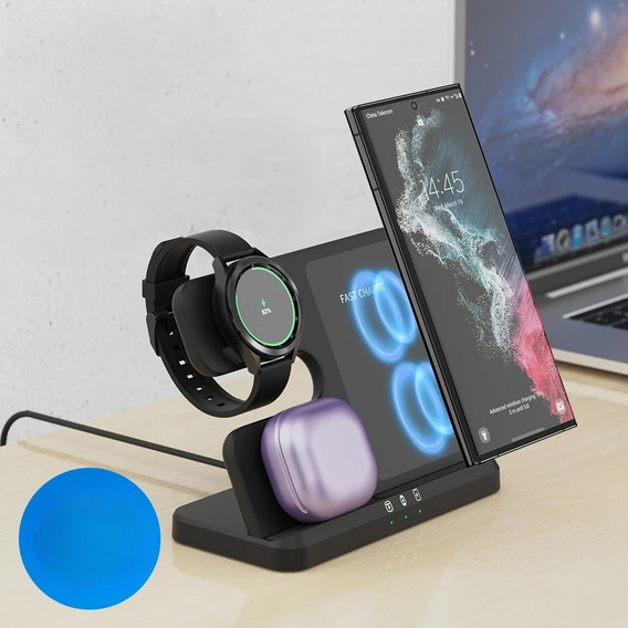 Ładowarka Indukcyjna ERBORD Samsung Trio 3w1 do Smartfona, Galaxy Watch i Galaxy Buds, czarna + ładowarka sieciowa 65W