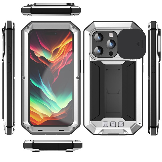 Etui do iPhone 15 Pro Max, R-JUST CamShield Slide, pancerne, srebrne / czarne