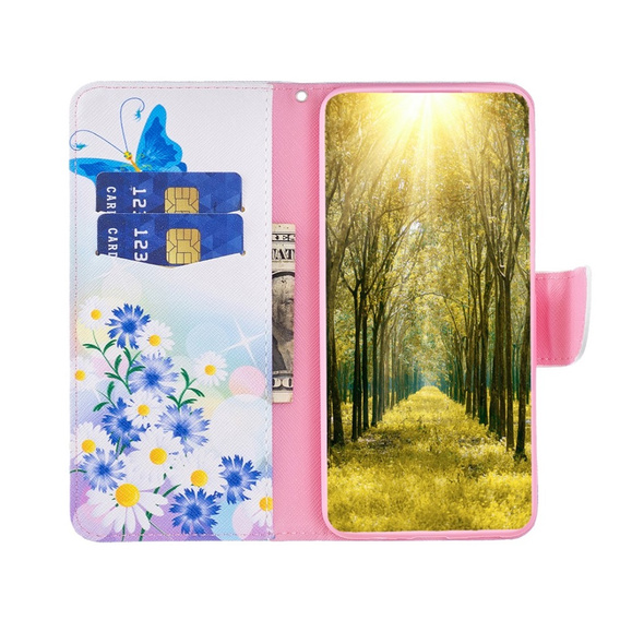 Etui z klapką do Samsung Galaxy A25 5G, Wallet, butterfly & flowers, białe + szkło 9H