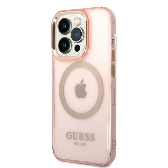 Etui GUESS do iPhone 14 Pro, Gold Outline Translucent MagSafe, różowe