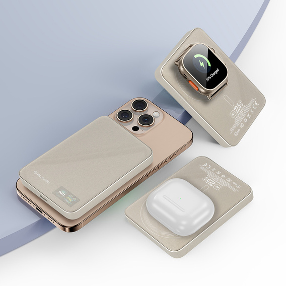 Blavec Power Bank 10000mAh BJ-04 Slim 13,5mm - Typ C - 22,5W, MagSafe 3 w 1 - złoty szklany