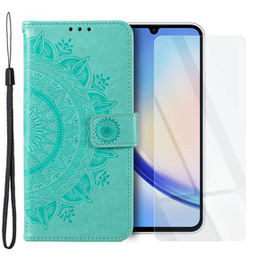 Zestaw Etui do Samsung Galaxy A34 5G, portfel ze wzorem Mandala z klapką, zielone + szkło
