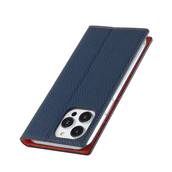 Etui z klapką do iPhone 15 Pro, Litchi Skin Grain, granatowe / pomarańczowe