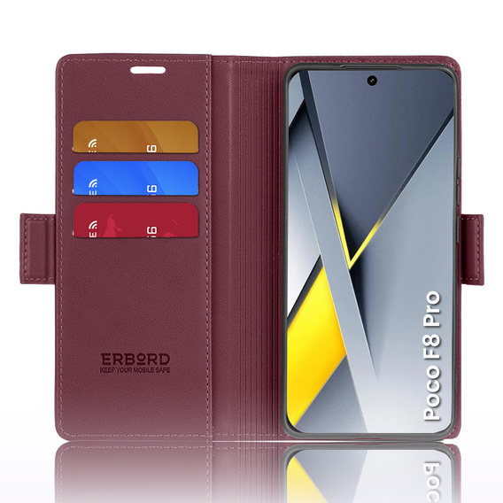 Etui do Xiaomi Poco F8 Pro, ERBORD Glossy Litchi, portfel z klapką, czerwone