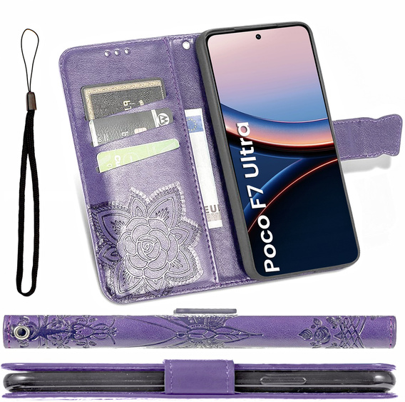 Etui z klapką do Xiaomi Poco F7 Ultra, Butterfly, fioletowe