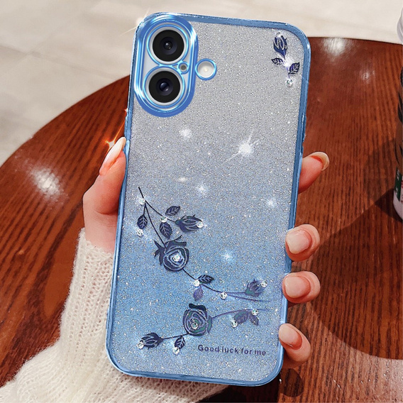 Etui do iPhone 16 Plus, Glitter Flower, niebieskie