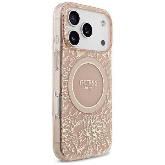 Etui GUESS do iPhone 17 Pro Max, IML Flowers Electroplated Allover With Beads Strap, do MagSafe, z paskiem, różowe