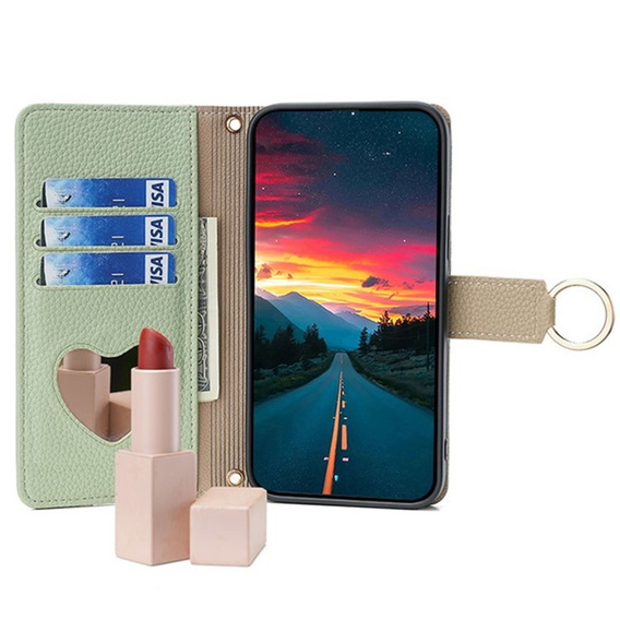 Etui z klapką do Samsung Galaxy A56 5G, Wallet Zipper Pocket, z lusterkiem, zielone