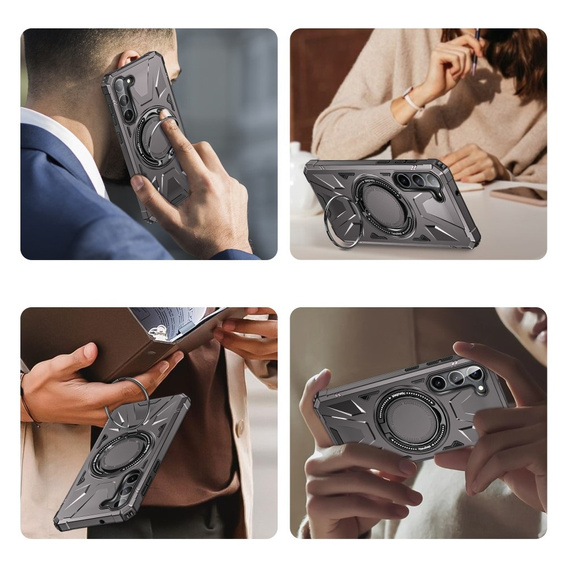 Etui do Samsung Galaxy S24, pancerne z podstawką i blaszką do uchwytu, szare