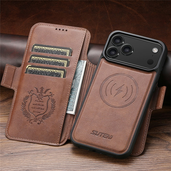 Etui z klapką 2w1 SUTENI do iPhone 17 Pro, do MagSafe, brązowe