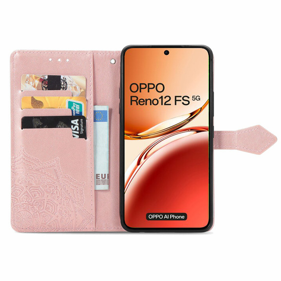 Etui z klapką do Oppo Reno 12FS / 12F, Mandala, różowe rose gold