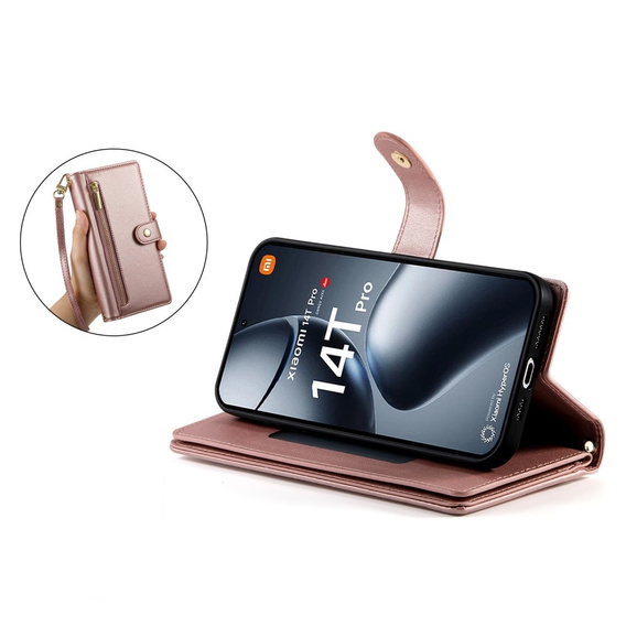 Etui z klapką do Xiaomi 14T Pro, Wallet Zipper Pocket, różowe